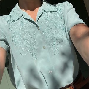 Vintage Blue Embroidered Collar Blouse